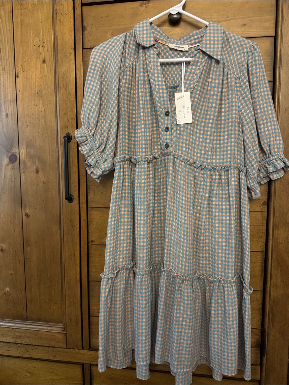 Umgee Teal and Peach Gingham Tiered Midi Dress